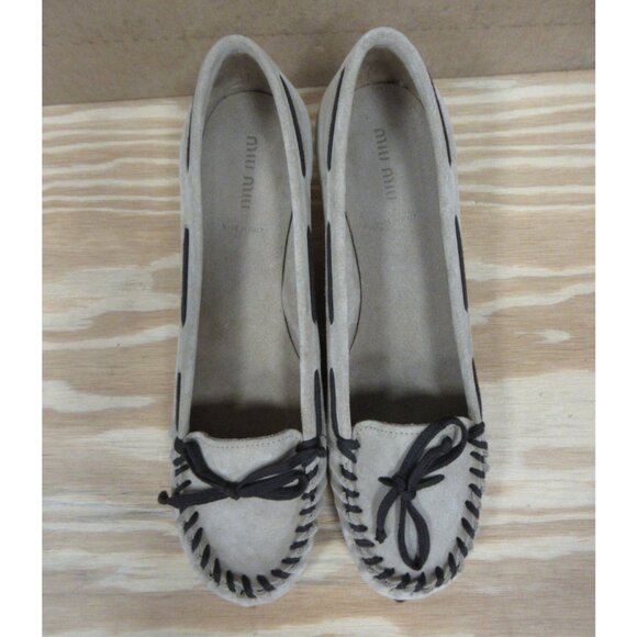 Miu Miu Heels 9 1/2 Suede Moccasin Pumps Leather Sole Italy...